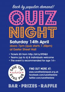 Save The Dyke Pub Quiz Night April 2018